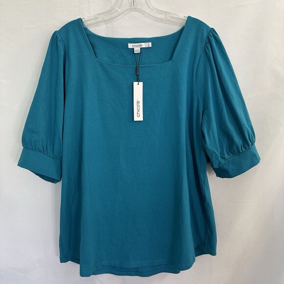 NWT Chico's Square Neck Puff Sleeve Top Peacock Blue 3 (XL) - Picture 1 of 6